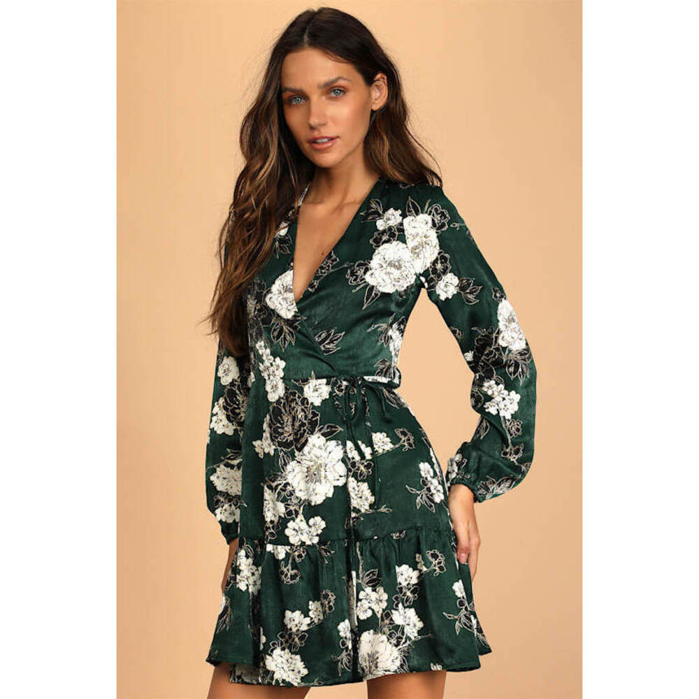 Lulus So Splendid Dark Green Floral Satin Long Sleeve Wrap Dress - Size XL